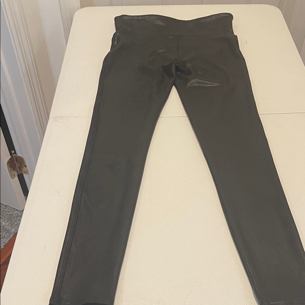 SPANX Black Faux Leather Power Waist Band High Rise Bodycon Leggings Size Medium - Picture 12 of 12